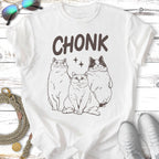 Three cartoon cats, two thin and one large, with "CHONK" text above.