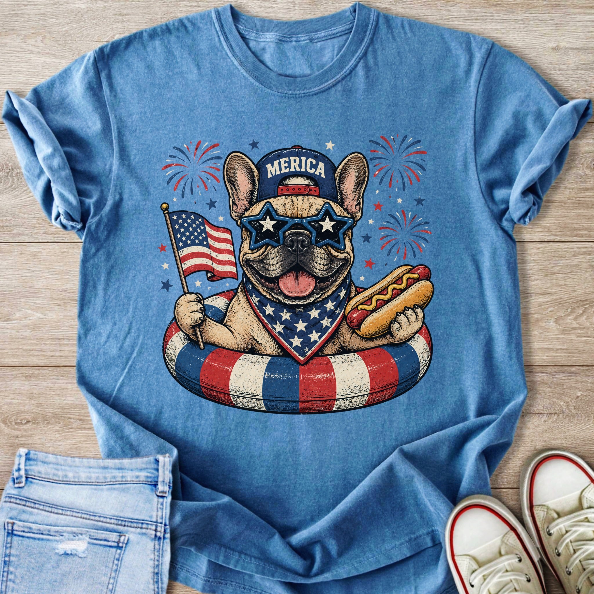 French bulldog in patriotic bandana, sunglasses, and hat on float holding flag and hot dog.