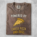 Brown t-shirt with "Powered by Cheese Dogs and Pizza" text and graphic.