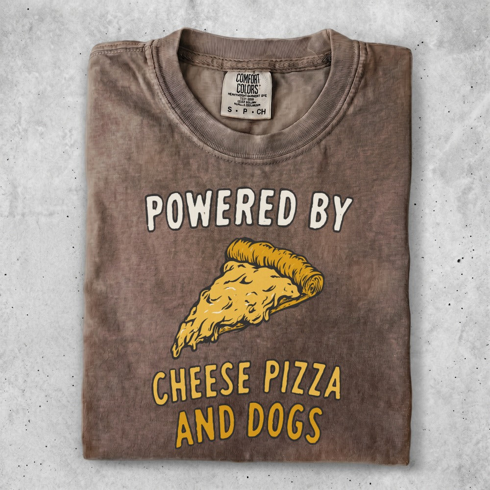 Brown t-shirt with "Powered by Cheese Dogs and Pizza" text and graphic.