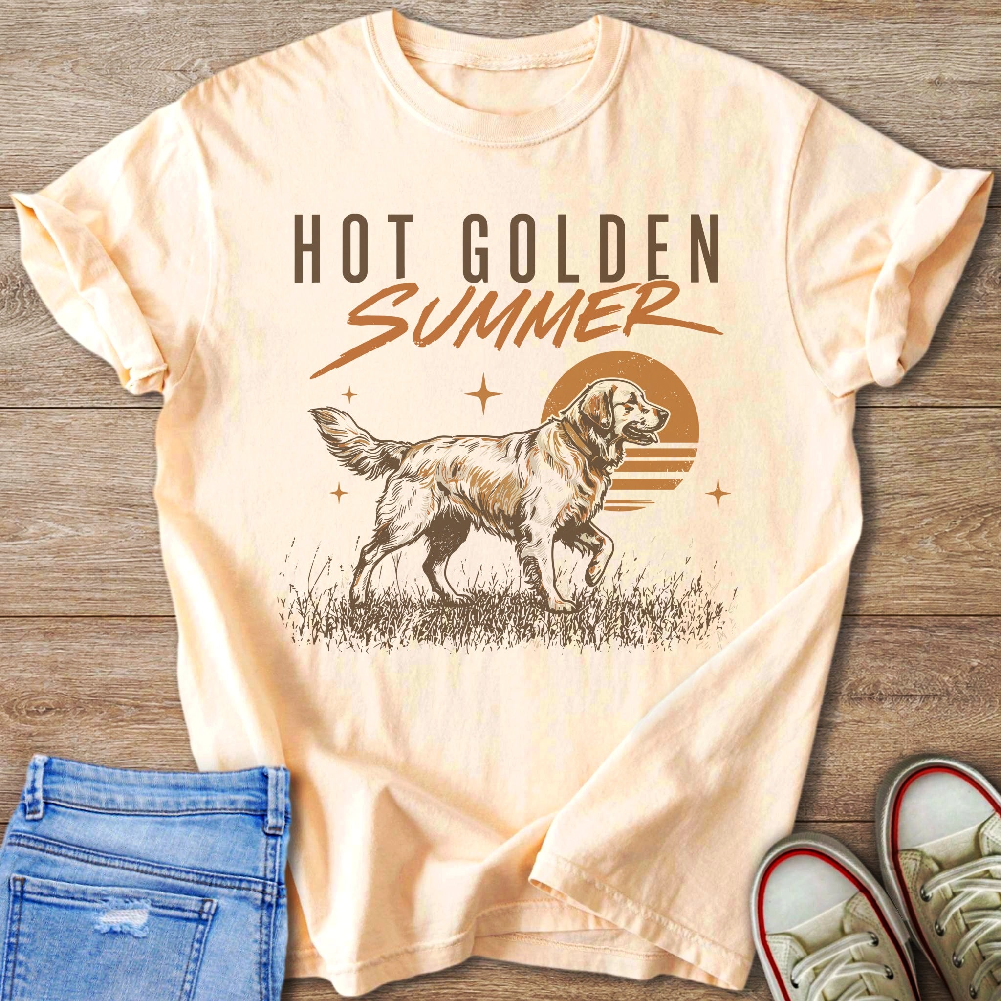 Peach t-shirt with "HOT GOLDEN SUMMER" text and a golden retriever graphic.