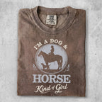 Brown t-shirt with I'm a dog & horse kind of girl graphic.
