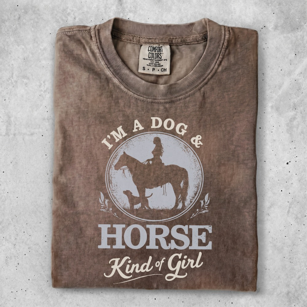 Brown t-shirt with I'm a dog & horse kind of girl graphic.