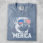 Pug wearing American flag sunglasses with "MERICA" text.