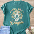 Teal t-shirt with a Beagle graphic and text "SAVE THE Beagles".