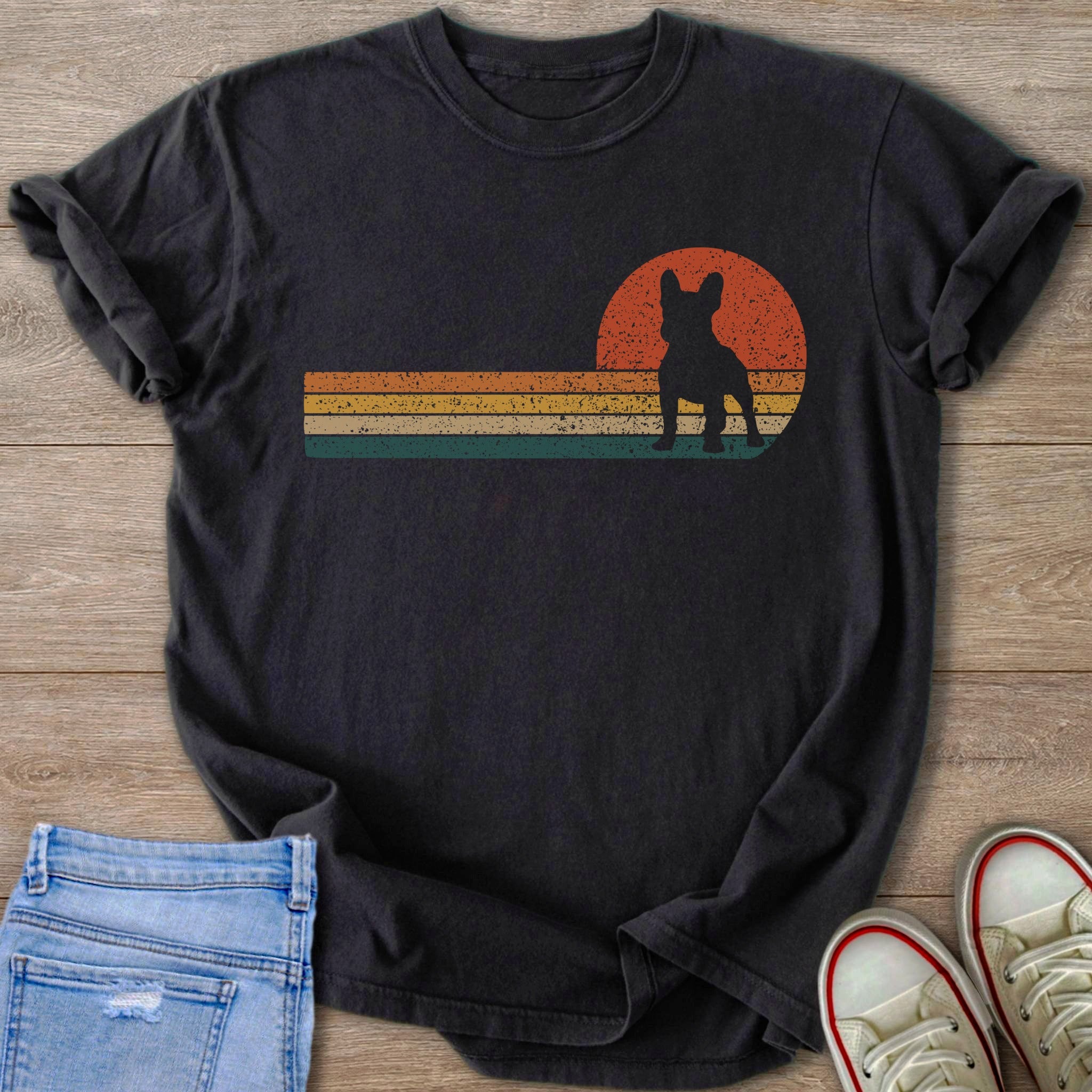 Black t-shirt with French bulldog silhouette and retro stripes sunset graphic.