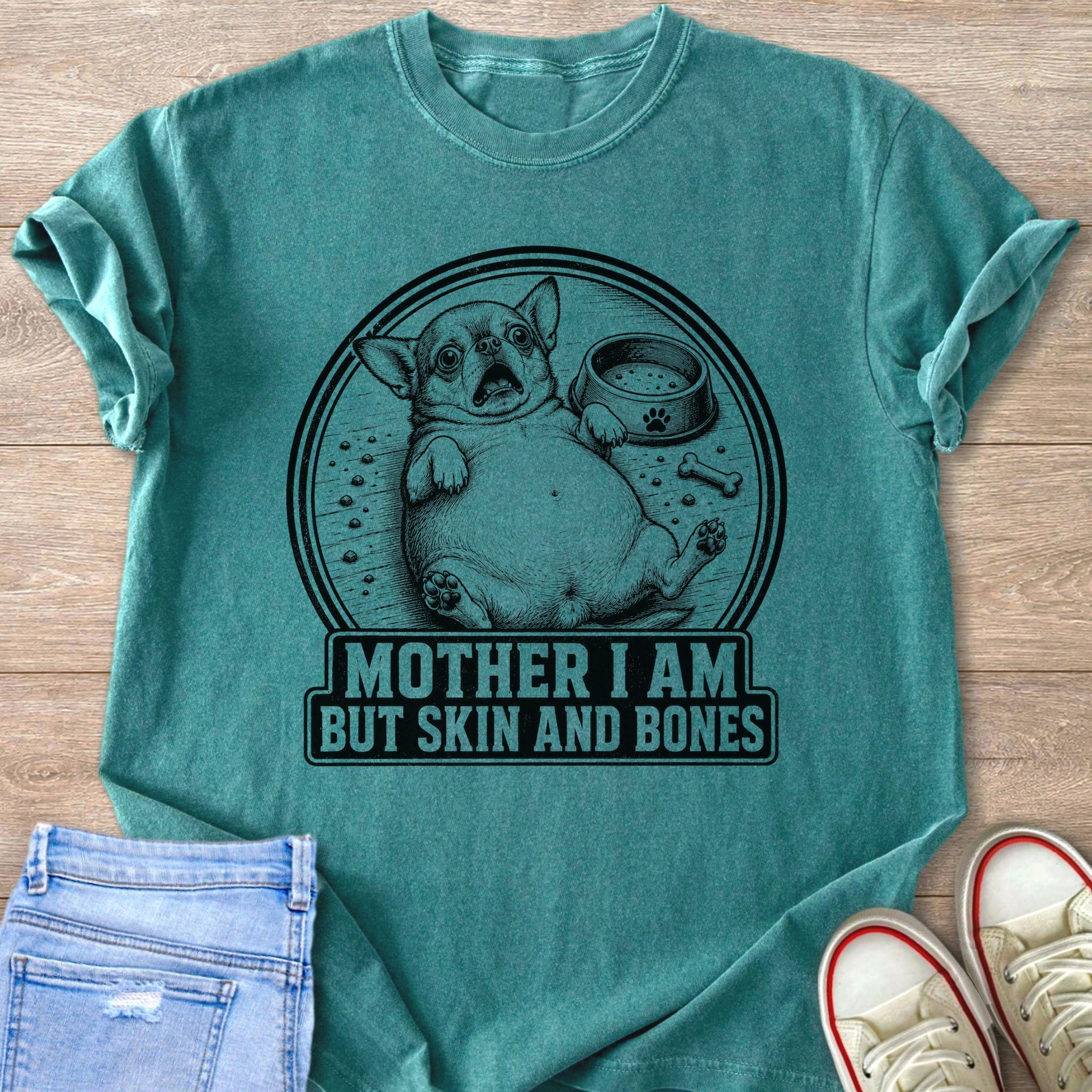 Teal t-shirt with distressed graphic of a chubby dog and text.