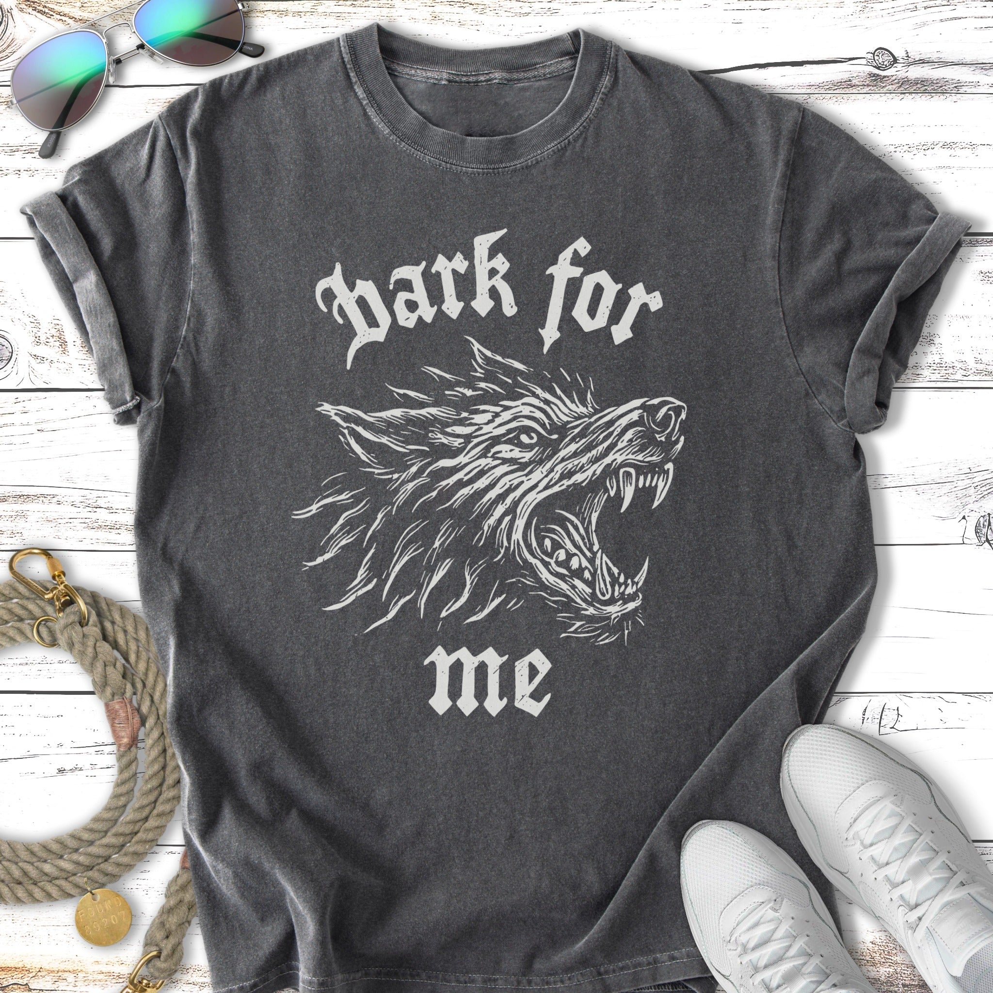 Dark for me graphic t-shirt with wolf head and white text.