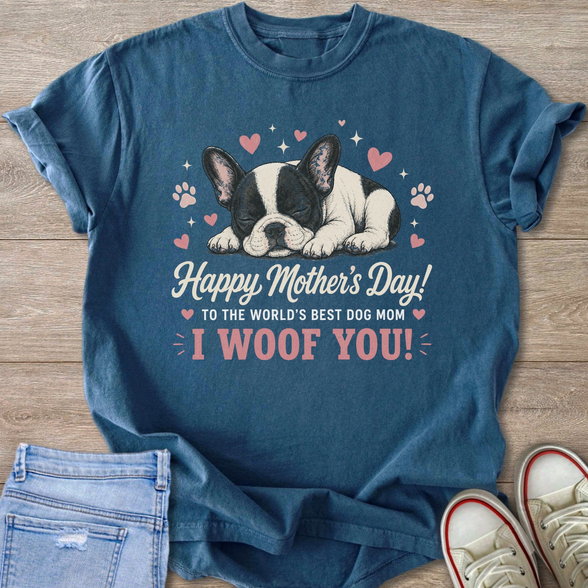 Blue t-shirt with a sleeping French bulldog and "Happy Mother's Day! I Woof You!" text.