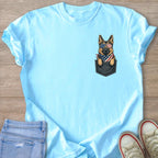 German Shepherd with American flag bandana and sunglasses peeking from a pocket.