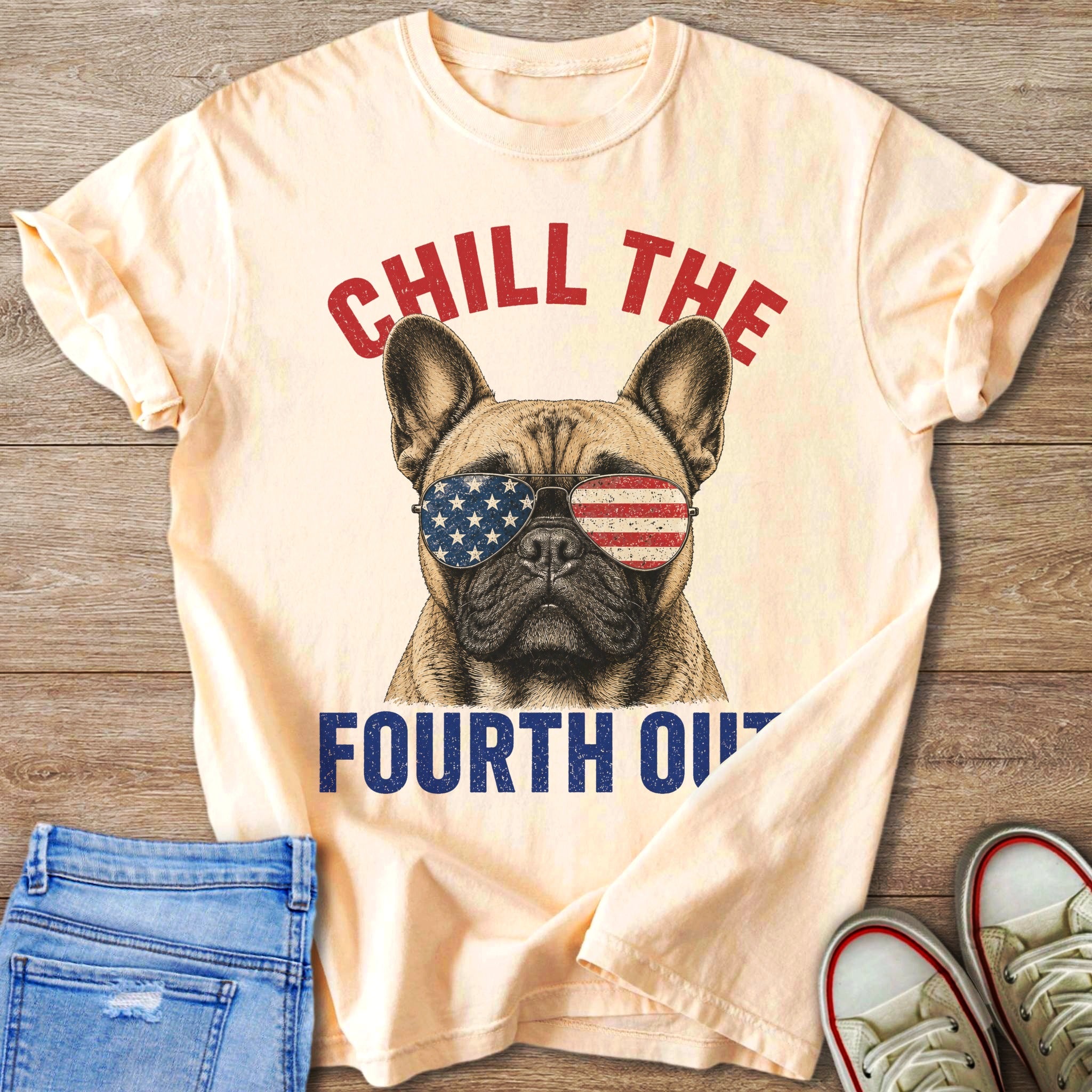French bulldog wearing American flag sunglasses, with text "CHILL THE FOURTH OF JULY".