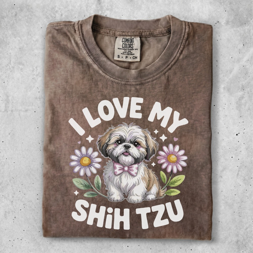 Brown t-shirt with "I Love My Shih Tzu" and a dog wearing a bow tie.
