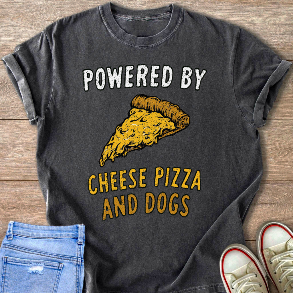 Dark grey t-shirt with text "POWERED BY" and a cheese pizza slice, below "CHEESE PIZZA AND DOGS".