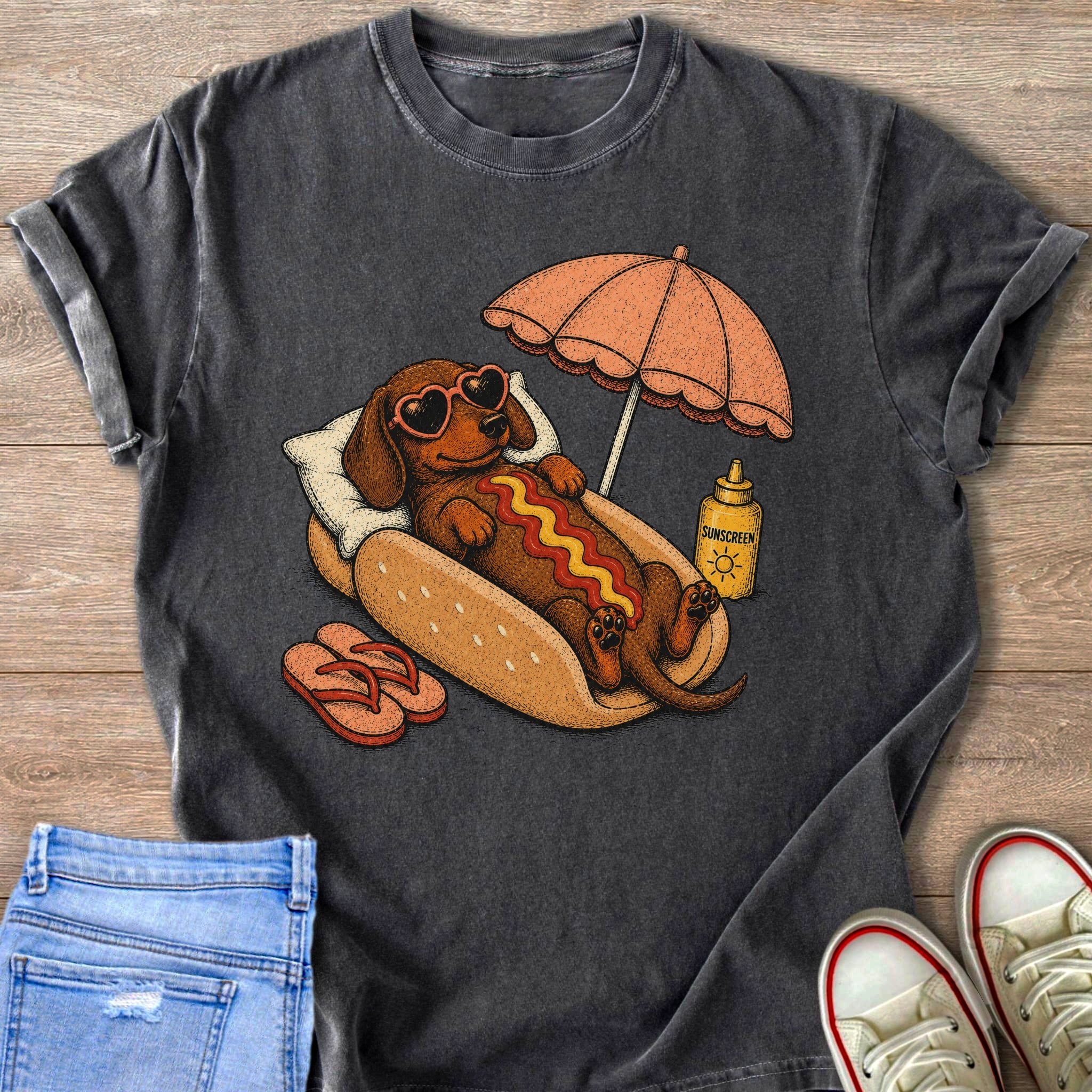 Dachshund in a hot dog bun with heart sunglasses under an umbrella, with sunscreen.