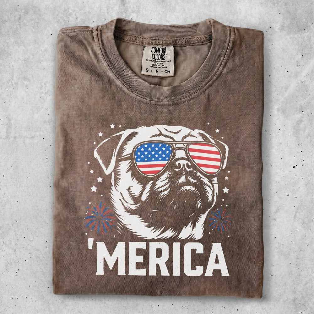 Brown t-shirt with 'Merica text and a dog wearing sunglasses.