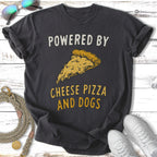 Dark t-shirt with "POWERED BY CHEESE PIZZA AND DOGS" and a slice of pizza.