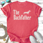 Coral t-shirt with "The DachFather" text and dachshund graphic.