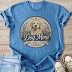 Blue t-shirt with Golden Retriever graphic that says "Dog Mom Love. Loyalty. Forever."