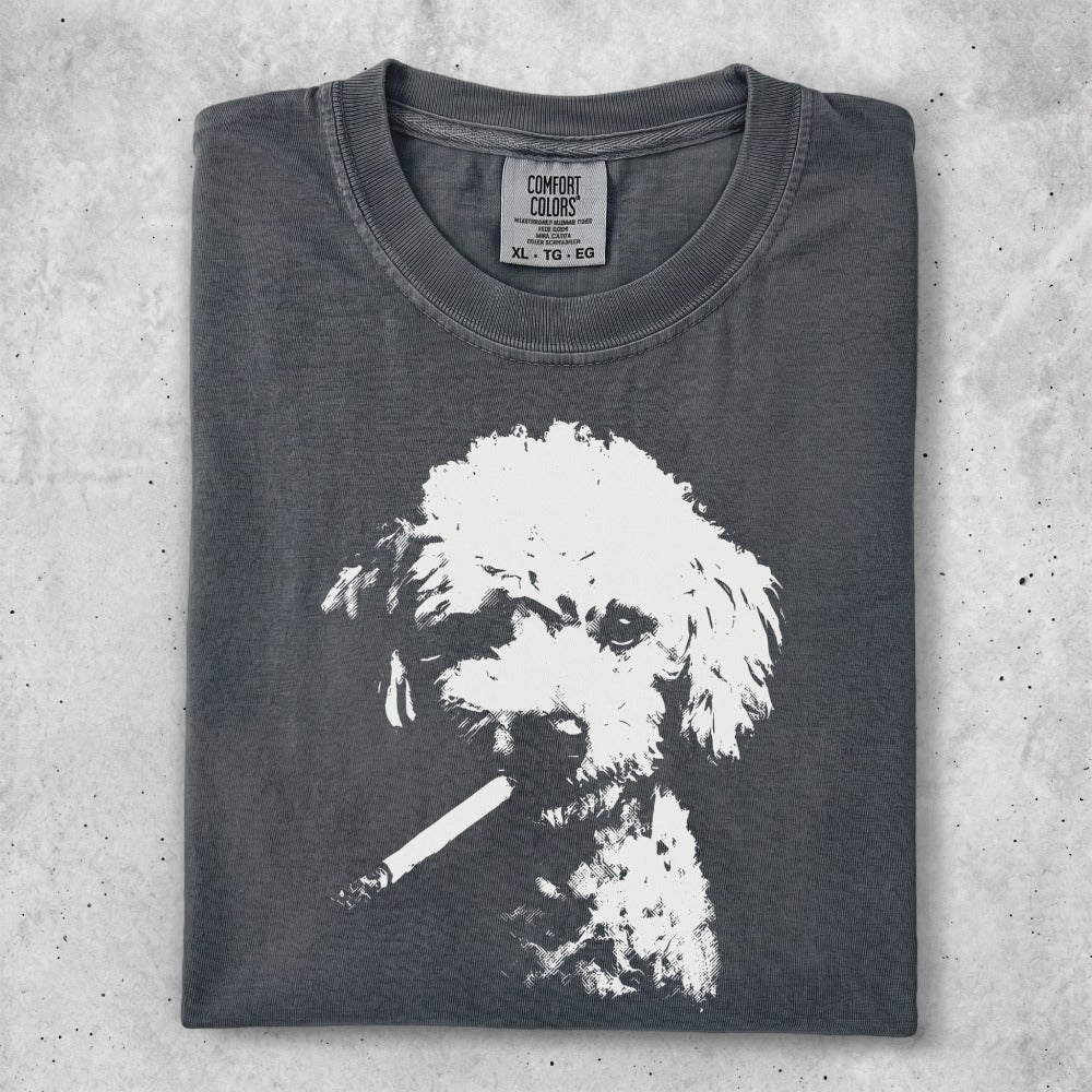 Dark grey t-shirt with a white poodle graphic smoking a cigarette.