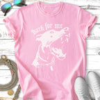 Pink t-shirt with white graphic of a snarling dog and text "bark for me."