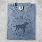 Blue t-shirt with a dog silhouette and "All food must go to the lab for testing" text.
