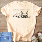Peach t-shirt with sketched French bulldog and text "EMOTIONAL SUPPORT POTATO."