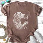 Line drawing of a Labrador retriever holding a dandelion, on a brown t-shirt.