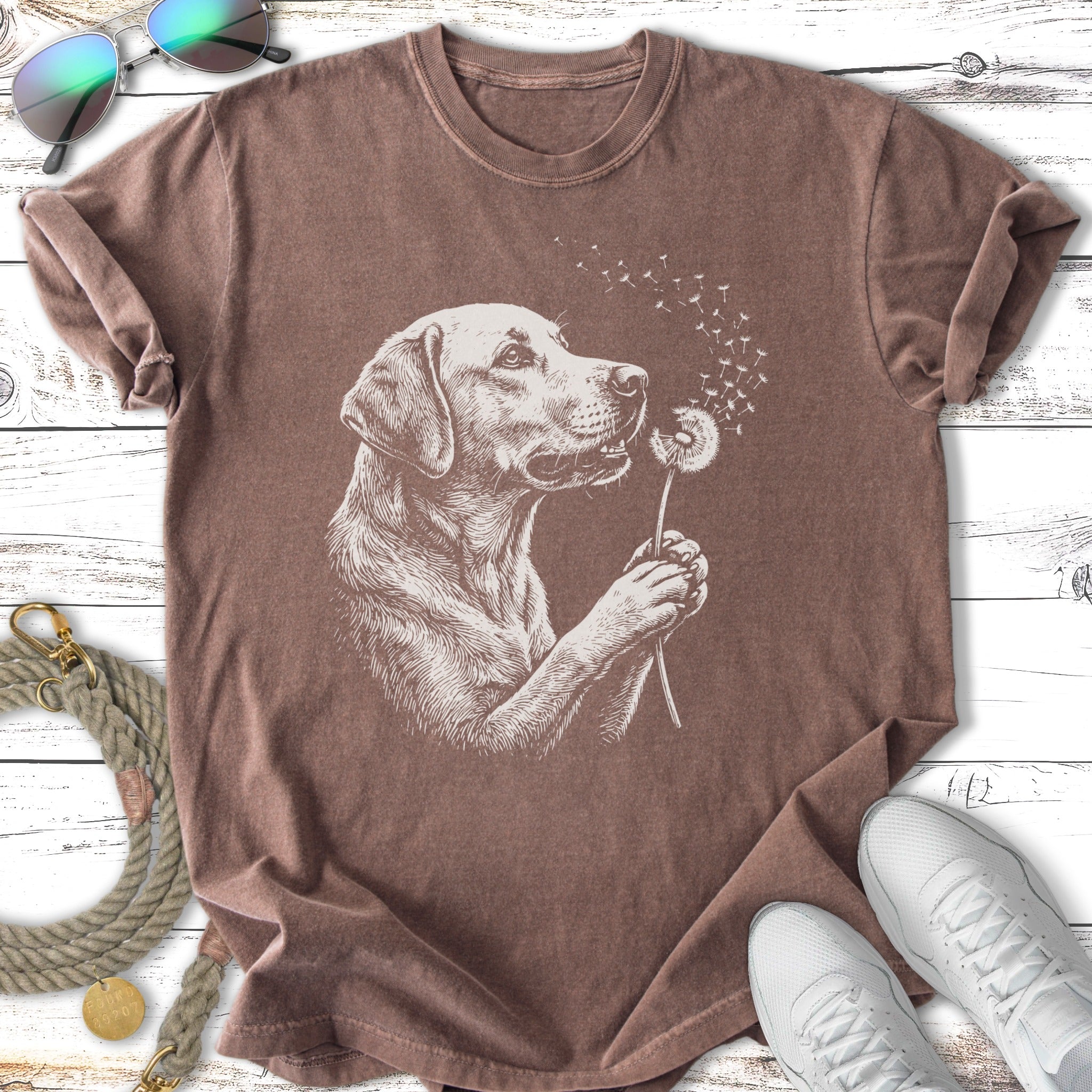 Line drawing of a Labrador retriever holding a dandelion, on a brown t-shirt.