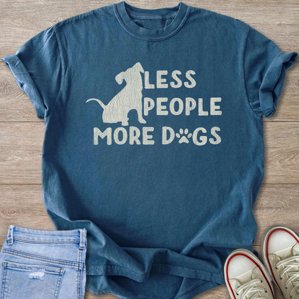 Blue t-shirt with "Less People More Dogs" text and dog silhouette graphic.