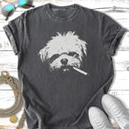 T-shirt with a distressed graphic of a white dog wearing a cigarette.