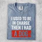 Comfort Colors shirt with "I USED TO BE IN CHARGE THEN I HAD A DOG" slogan.