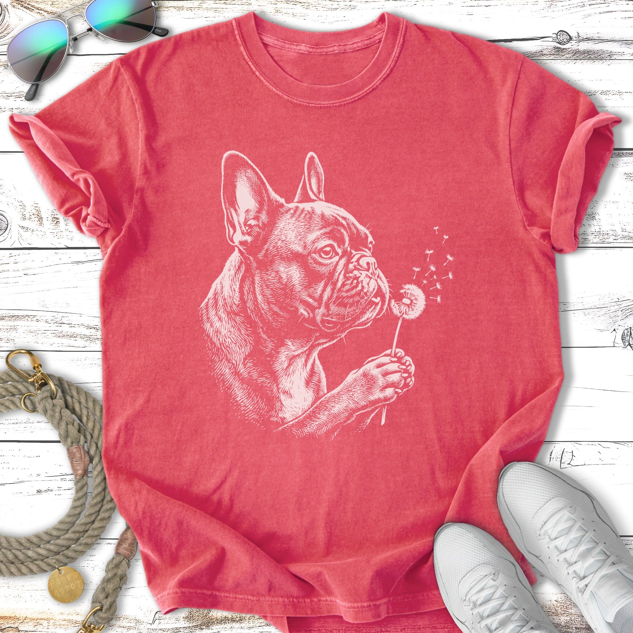 French bulldog blowing dandelion seeds on a vintage-style tee.
