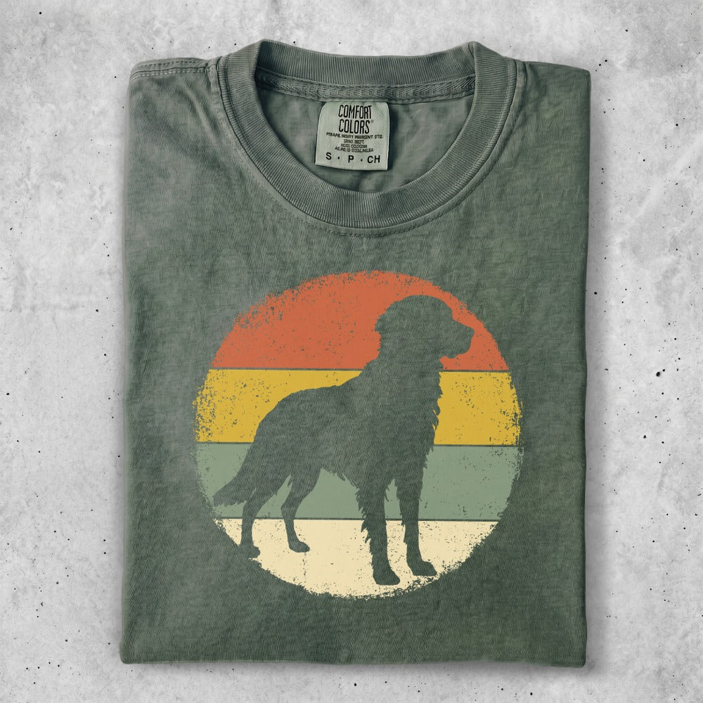 Silhouette of a dog in front of a circular, striped sunset graphic.