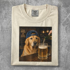 Golden Retriever wearing a blue baseball cap, receiving a beer.