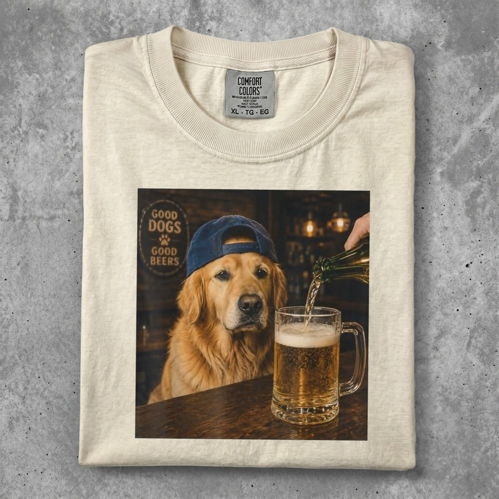 Golden Retriever wearing a blue baseball cap, receiving a beer.