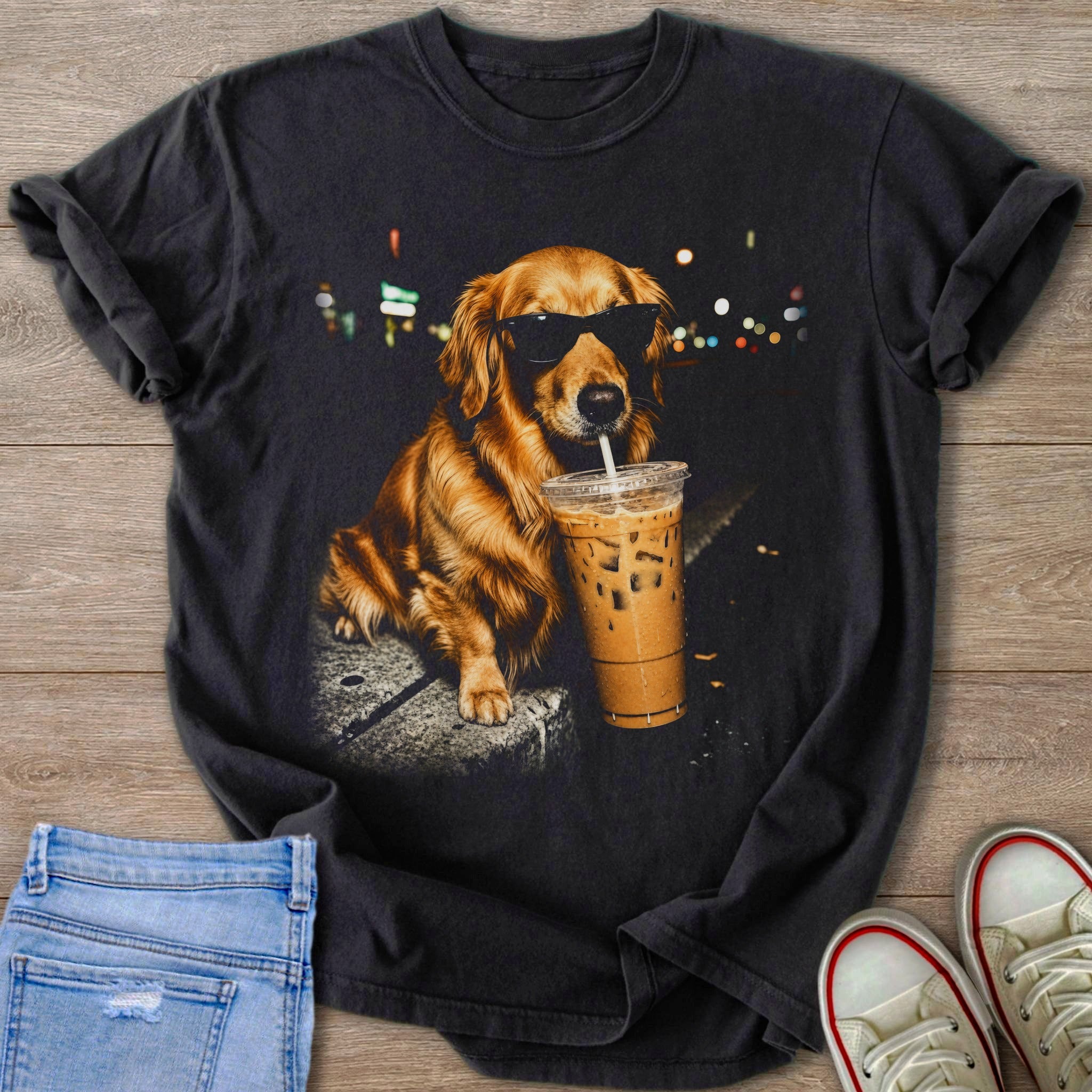 Golden retriever dog wearing sunglasses, drinking iced coffee from a plastic cup.