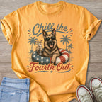 German Shepherd wearing sunglasses in a patriotic inner tube, holding a drink.