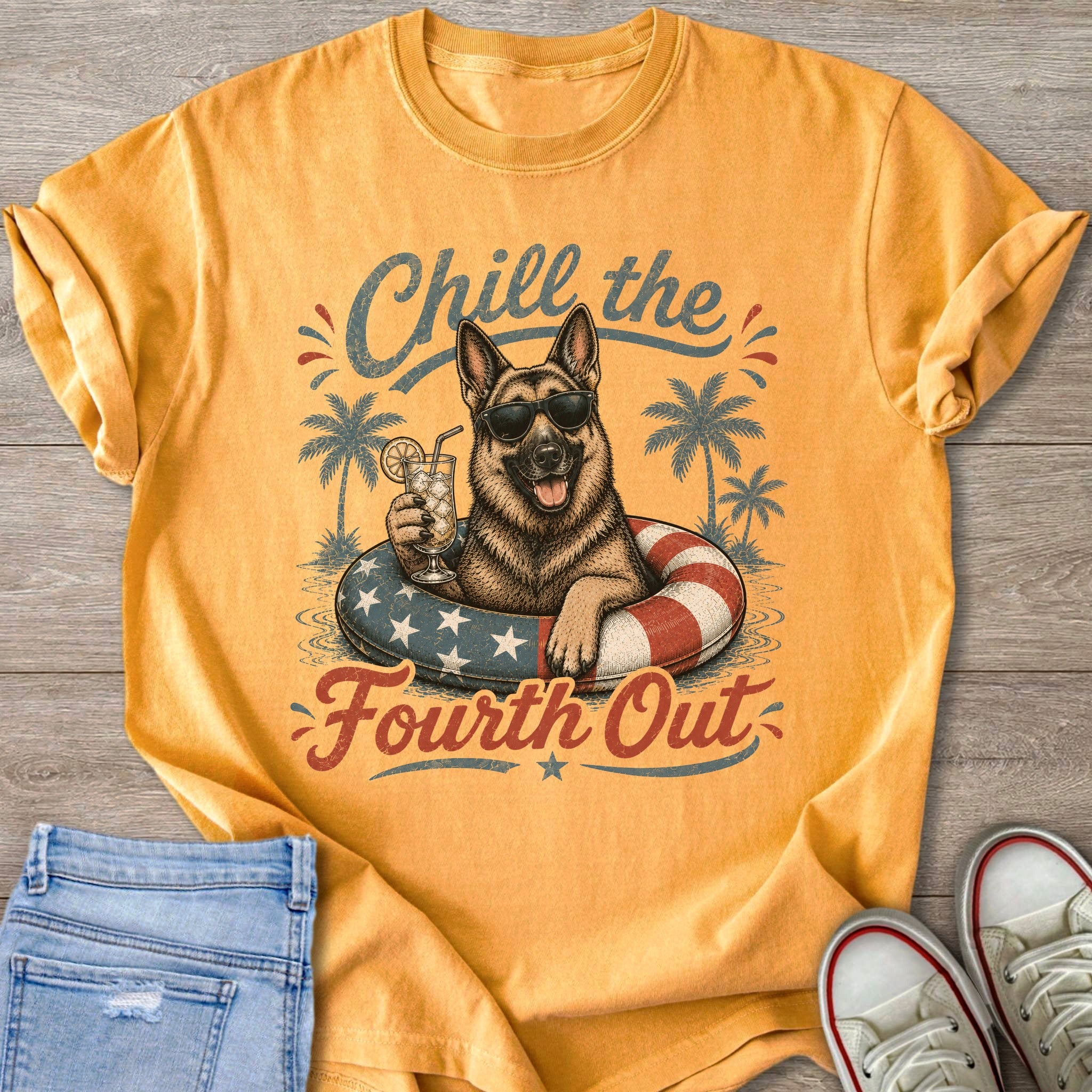 German Shepherd wearing sunglasses in a patriotic inner tube, holding a drink.