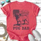 Pug dad graphic on distressed American flag t-shirt.