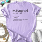 Light purple t-shirt with "Cattrovert" and definition about preferring cats over humans.