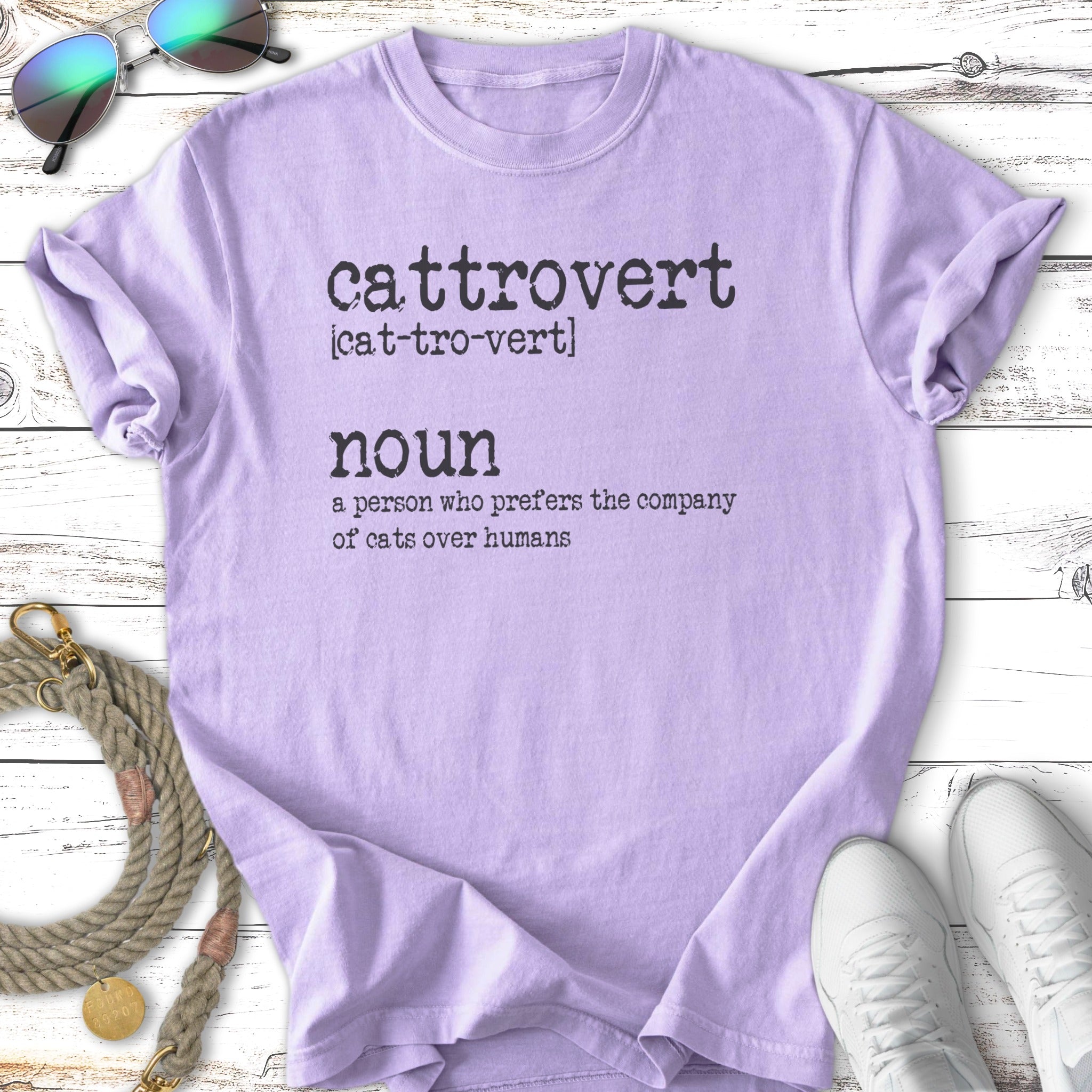Light purple t-shirt with "Cattrovert" and definition about preferring cats over humans.