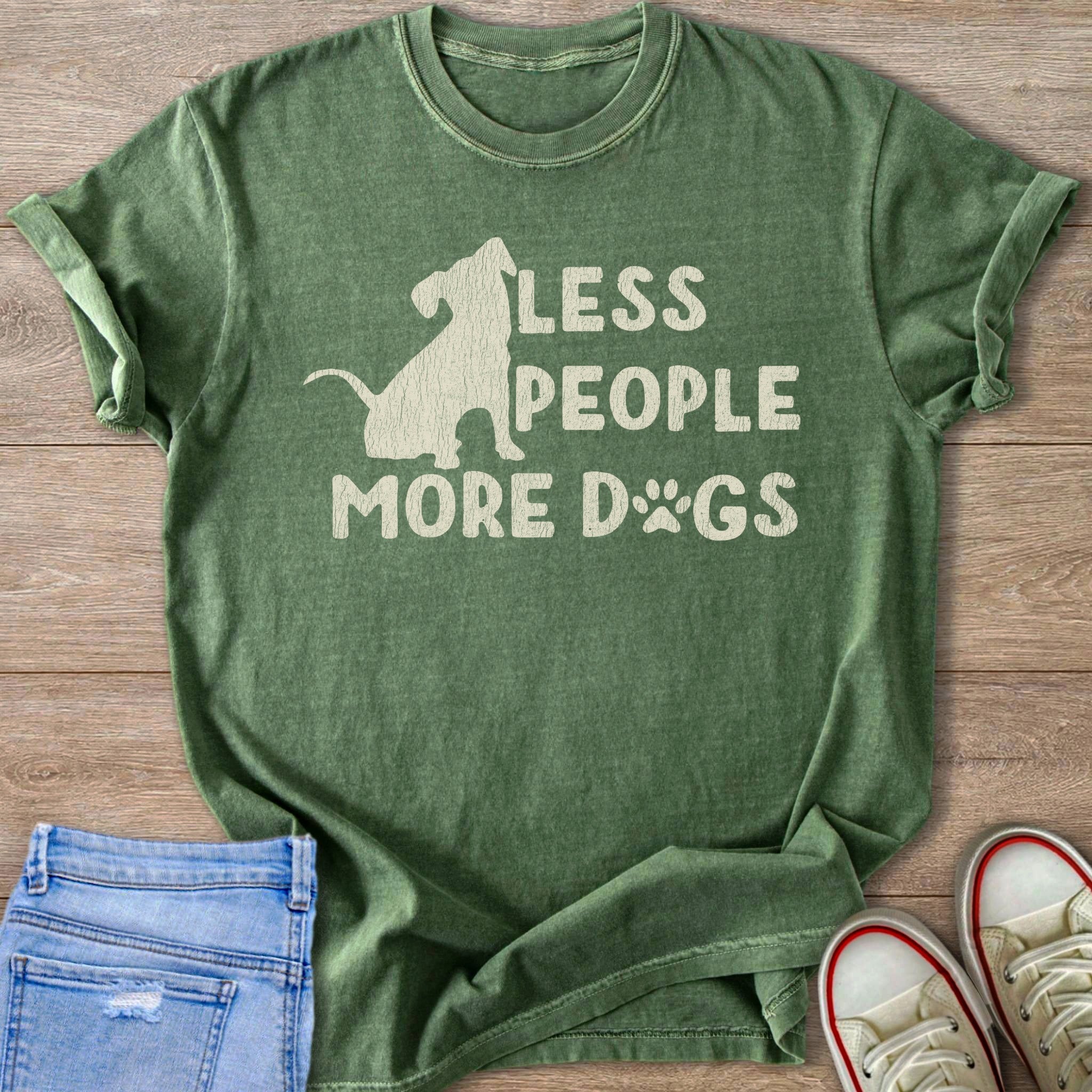 Green t-shirt with text "Less People More Dogs" and a dog graphic.