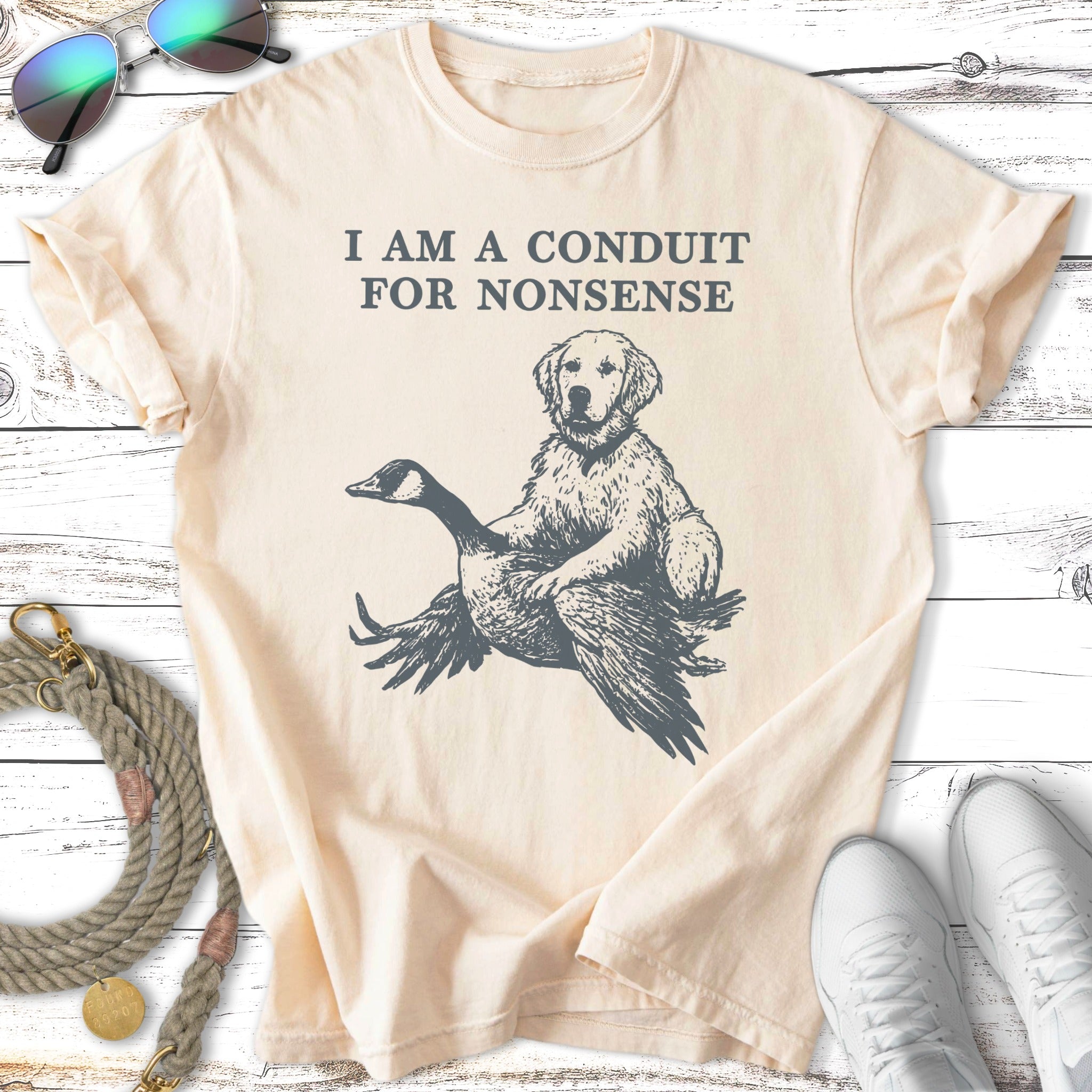 Dog riding a goose, with text "I AM A CONDUIT FOR NONSENSE".