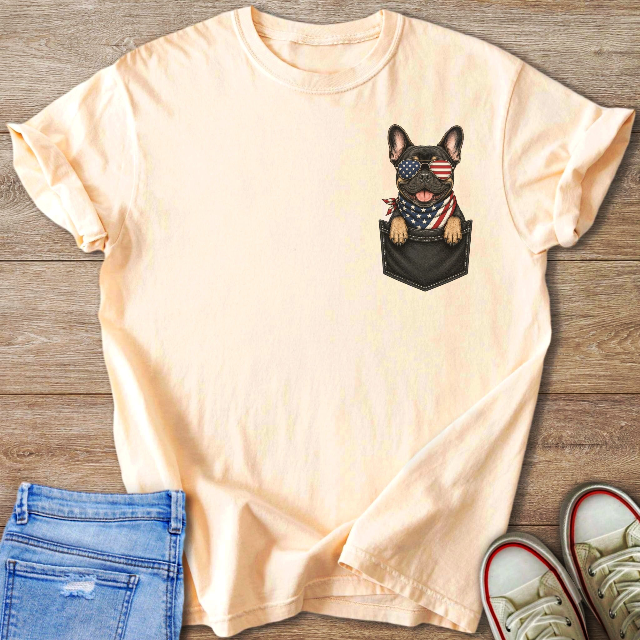 French bulldog in pocket wearing American flag bandana and sunglasses on peach t-shirt.