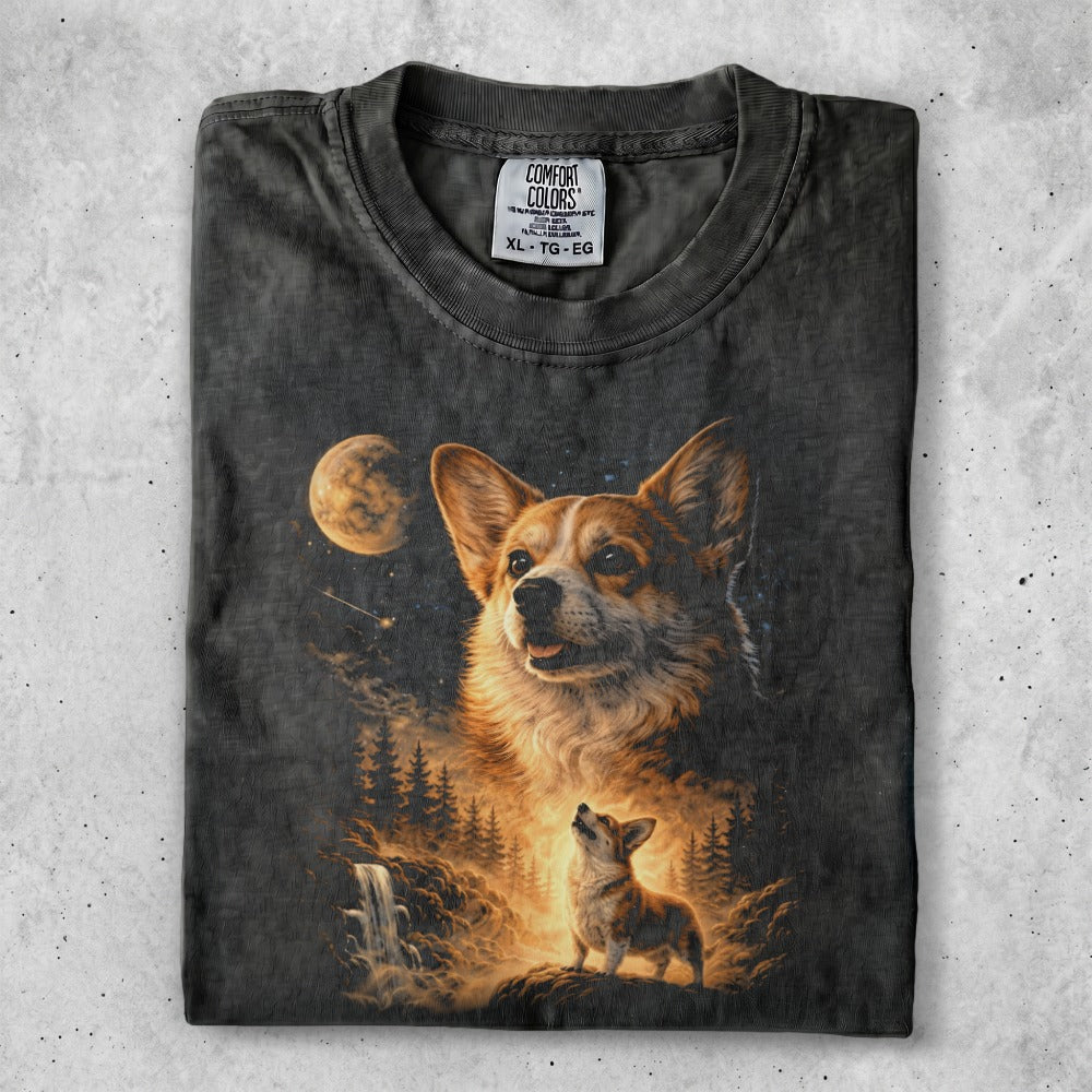 Corgi dog artwork on a dark grey t-shirt with moon and waterfall.