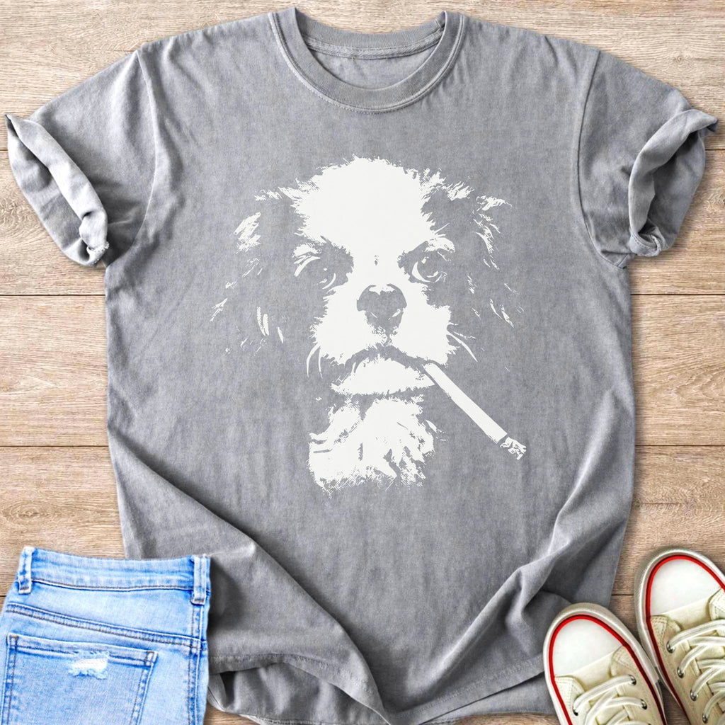 Grey t-shirt with a white graphic of a dog's face smoking a cigarette.