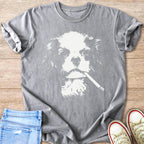 Grey t-shirt with a white graphic of a dog's face smoking a cigarette.