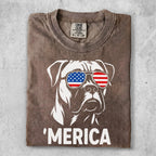Boxer dog wearing American flag sunglasses, text 'MERICA.