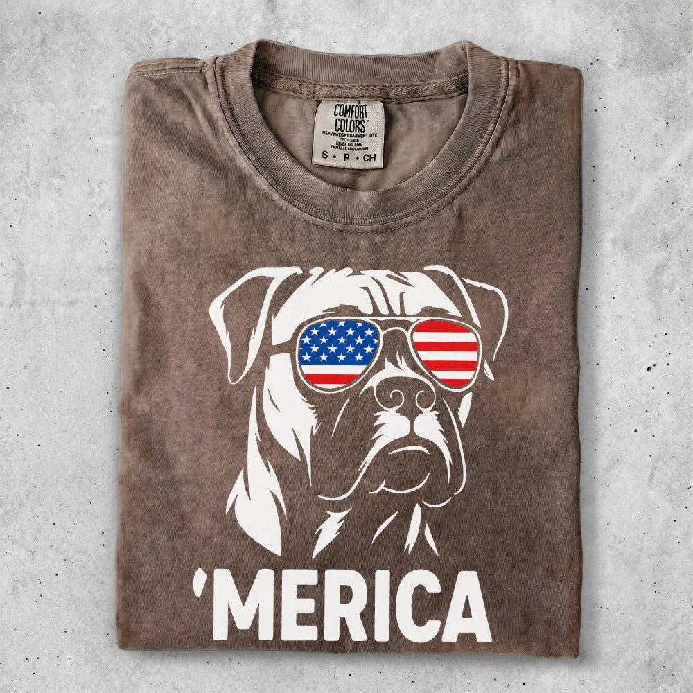 Boxer dog wearing American flag sunglasses, text 'MERICA.