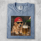 Golden retriever dog wearing sunglasses and a red cap pours beer into a mug.